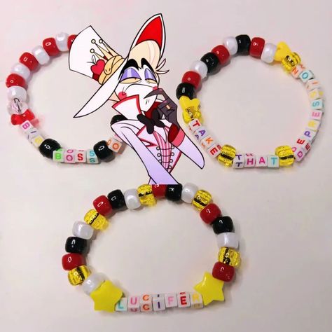 lucifer morningstar kandi bracelet set ~ SOLD!! 🎀 shares are greatly appreciated! you are helping me grow my small business <3 PLUR!! 🌈 #kandi #beadedbracelet #beadbracelets #lucifermorningstar #luciferhazbinhotel #hazbinhotel #helluvaboss Kandi Crafts, Kandi Singles, Kandi Beads, Diy Kandi, Kandi Ideas, Bracelets Ideas, Kandi Bracelets, Lucifer Morningstar, Help Me Grow