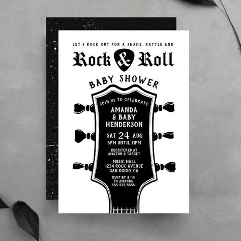 This Rock and Roll Guitar Baby Shower Invitation will give the best intro to your little rockstar! This invite says the new baby is born to rock! Festa Rock Roll, Rock Baby Showers, Rock And Roll Guitar, Born To Rock, Shower Music, Rock A Bye Baby, Sprinkle Baby Shower, Baby Rocker, Rock Baby