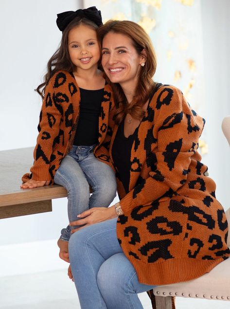 Mommy and Me Fierce Friends Oversized Leopard Cardigan – Mia Belle Girls Matching Costumes, Leopard Cardigan, Oversized Knit Cardigan, Leopard Print Cardigan, School Birthday, Girls Fall Outfits, Mommy And Me Outfits, Oversize Knit, Long Layers