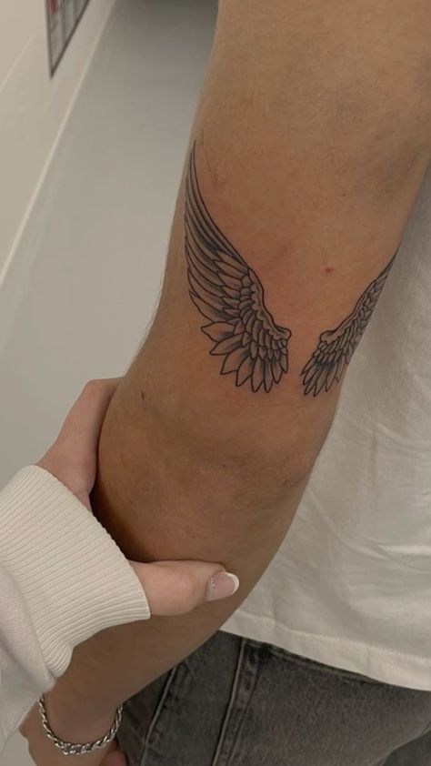 Men Angel Wing Tattoo, Angel Wing Tattoos Men, Angel Wing Elbow Tattoo, Angel Wings On Ankle, Under Elbow Tattoo Men, Small Hand Tattoo Ideas For Men, Angel Wing Tattoo Women, Moon And Stars Tattoo Men, Angel Wing Hand Tattoo