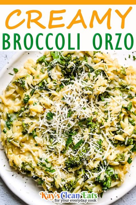 Orzo And Broccoli Recipe, Creamy Orzo Recipes, Orzo Recipes Side, Broccoli Orzo, Creamy Orzo Pasta, Cheesy Orzo, Orzo Pasta Recipes, Tiny Pasta, Creamy Orzo