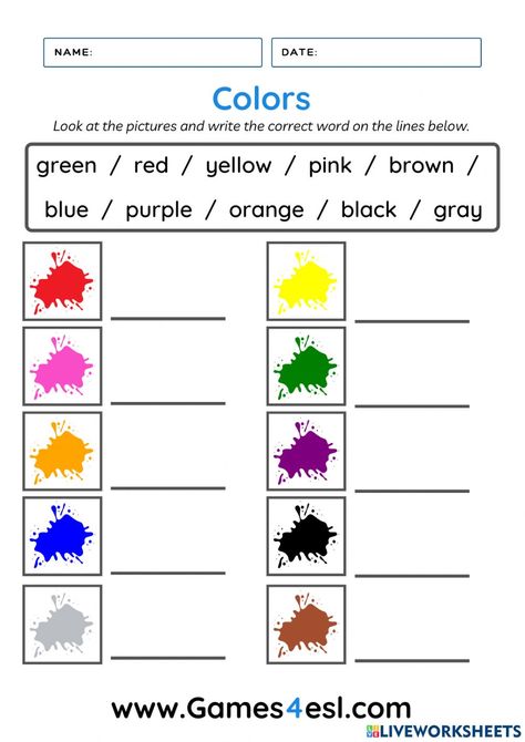 Color Worksheet, Free Quizzes, English Exam, Kids Worksheets Preschool, English Worksheets For Kids, Teaching Colors, Free Worksheets, English Lessons For Kids, English As A Second Language (esl)