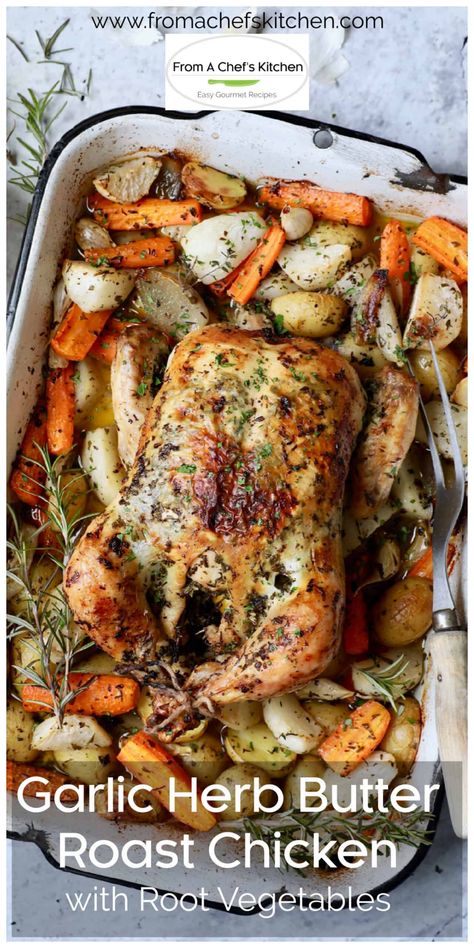 Garlic Herb Butter Roast Chicken with Root Vegetables is a one-pan meal with rustic elegance that everyone will enjoy! The chicken is rubbed with a lemony butter and herb blend then roasted alongside earthy root vegetables like potatoes, carrots, turnips and shallots. #roastchicken #roastchickenrecipes #chickenrecipes #chicken Roasted Chicken Vegetables, Roast Chicken And Vegetables One Pan, Roasted Chicken And Vegetables One Pan, Roast Chicken With Root Vegetables, Roast Chicken Whole With Vegetables, Roast Chicken With Potatoes And Carrots, Roasted Chicken With Potato And Carrots, Chicken And Root Vegetables Roasted, Whole Roasted Chicken And Vegetables