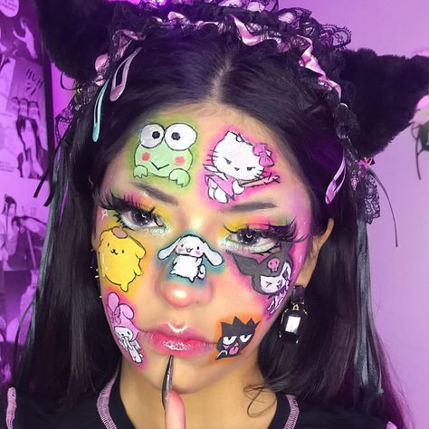 Makeup Ideas Kawaii, Full Face Painting Ideas, Kid Makeup Looks, Sanrio Face Paint, Hello Kitty Make-up, Hello Kitty Face Paint, Dog Face Paints, Sanrio Makeup, Kitty Face Paint