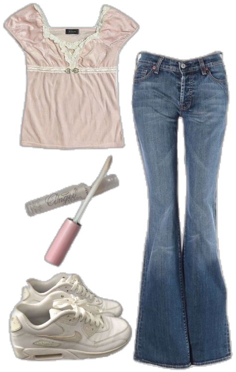 Outfit With Flare Jeans, Outfits With Flares, Flare Jean Outfit, Coquette Outfit, Cute Coquette, Girly Fashion, Pink Top, Flared Jeans, Pink Tops