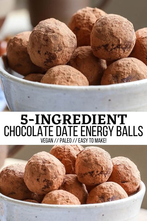 5-Ingredient Chocolate Date Energy Balls - The Roasted Root Cocoa Date Balls, Whole 30 Date Balls, Date Brownie Balls, Chocolate Date Balls, Energy Balls With Dates, Date Balls Recipe, Paleo Energy Balls, Root Recipes, Date Energy Balls