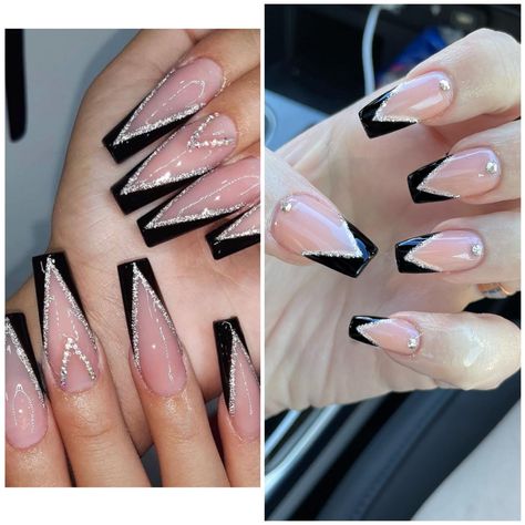 Black French Tip Nails With Glitter Line, Black French Nails With Glitter Line, Black French Tips With Glitter Outline, Black Triangle French Tip Nails, Black Tip With Silver Line Nails, Black French Tips With Silver Glitter, Triangle French Tip Nails, Triangle Nails, Magenta Nails