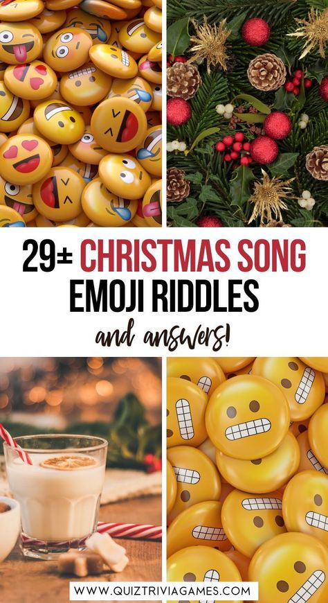 Looking for some fun Christmas Song Emoji riddles? Look no further! In this ultimate Christmas Song Emoji Game, you will find 29 riddles to solve. They are all famous xmas song. Have fun! Christmas Song Emoji Game, Song Emoji, Emoji Chart, Christmas Song Trivia, 8 Days Of Christmas, Emoji Puzzle, Emoji List, Emoji Christmas, Best Christmas Songs