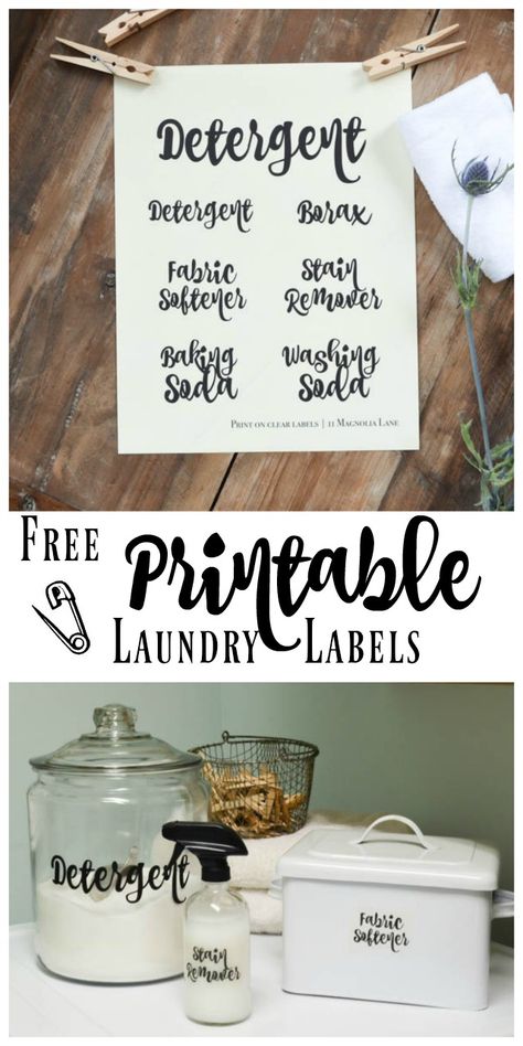 Easy Organization: Free Printable Laundry Room Labels, just print on clear sticker paper and organize your laundry room! Labels include: detergent, borax, fabric softener, stain remover, baking soda, and washing soda. Organization Labels, Laundry Labels, Farmhouse Laundry, Farmhouse Laundry Room, Dollar Store Hacks, Labels Printables Free, Laundry Closet, Laundry Decor, Small Laundry