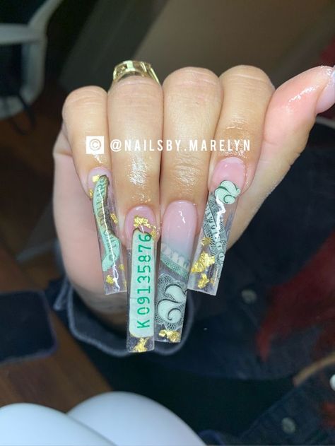 Money Nails Acrylic Long, Long Money Nails, Xxl Square Acrylic Nails, Blue Money Nails, Money Nail Set, Money Acrylic Nail Design, Money Set Nails, Nails With Money, Xl Nails Acrylic