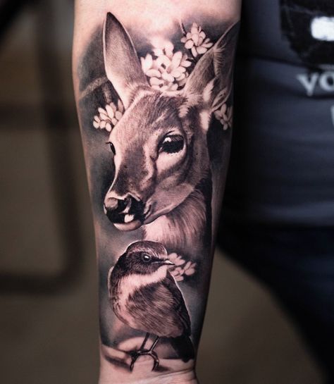 Pets in wonderful tattoos by Angelique Grimm | iNKPPL Tattoo Fishing, Bambi Tattoo, Fishing Tattoos, Tattoo Fish, Doe Tattoo, Squirrel Tattoo, Tattoos Dog, Hirsch Tattoo, Wildlife Tattoo