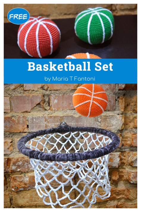 Basketball Set Free Crochet Pattern Crochet Basketball Net Pattern Free, Crochet Playset Free Pattern, Crochet Sports Balls, Basketball Crochet Pattern, Crochet Basketball Pattern Free, Crochet Toys For Boys, Crochet Projects For Boys, Crochet Games Patterns Free, Crochet Frisbee