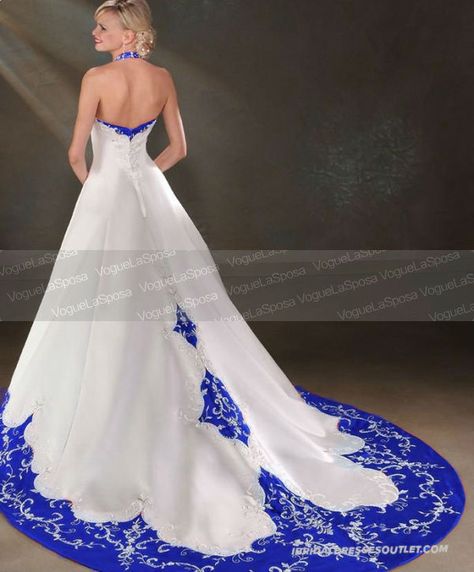 Royal blue and white wedding dress Royal Blue And White Wedding Dress, Blue And White Wedding Dresses, Blue And White Wedding Dress, Royal Blue And White Wedding, Halter Top Wedding Dress, White Strapless Wedding Dress, Blue Wedding Dress Royal, Royal Blue Wedding Theme, Custom Bridal Dress