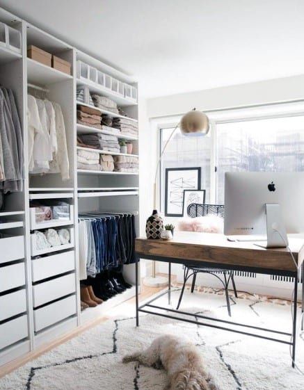 Closet And Office Combo, Closet Office Ideas Small, Home Office Closet, Small Workspace, Ikea Closet, Walk In Closet Design, Closet Office, Open Closet, Closet Layout