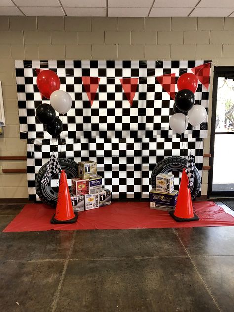 Hot Wheels Photo Booth, Racing Theme Decorations, Car Theme Photo Booth, Cars Photo Backdrop, Two Fast Backdrop Ideas, Car Photobooth, Pinewood Derby Photo Booth, Pinewood Derby Decorations, Race Car Party Backdrop