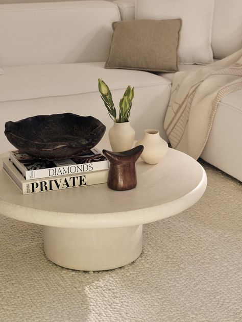 Part of our ecologically friendly and sustainable plaster furniture collection. Each coffee table is hand-crafted and hand-finished with natural plasters. Plaster Furniture, Apt Decor, Aesthetic Apartment, Concrete Coffee Table, Coffee Room, Natural Pigments, Coffee Table Styling, White Living, Coffee Table White