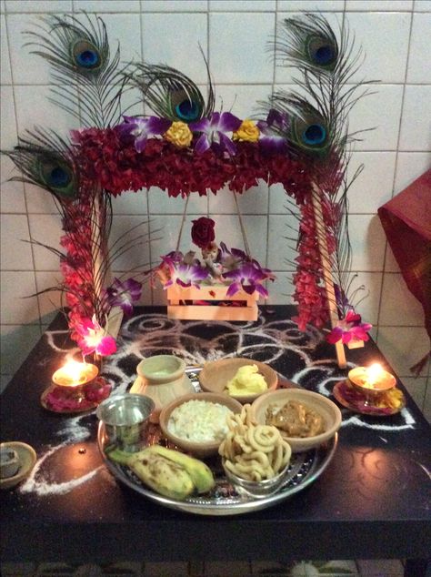 Krishna Jayanthi Decoration Ideas, Krishna Decoration, Jai Krishna, Krishna Jayanthi, Ganesha Rangoli, Lakshmi Pooja, Janmashtami Celebration, Pooja Decor, Shani Dev