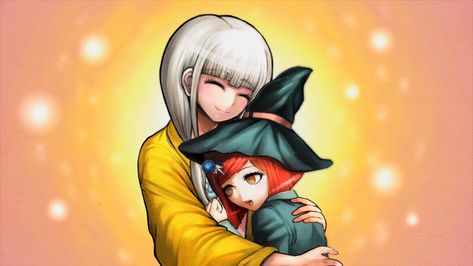 Screenshot of Angie comforting Himiko. Angie And Himiko, Danganronpa Pfp, Danganronpa Sprites, Himiko Yumeno, Angie Yonaga, Danganronpa Ships, Izuru Kamukura, New Danganronpa V3, Danganronpa Game