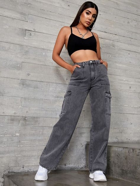 High Waist Flap Pocket Wide Leg Jeans | SHEIN USA Gray Wide Leg Jeans Outfit, Grey Wide Leg Jeans Outfit, Jean Trousers, Cargo Pants Style, Dark Grey Jeans, Grey Cargo Pants, Outfits Con Jeans, Cargo Pants Outfit, Shein Outfits