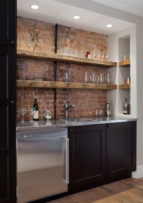 Backsplash With Dark Cabinets, Basement Kitchenette, Basement Bar Designs, Basement Kitchen, Rustic Bar, Small Basements, Basement Makeover, Basement Bar, Basement Renovations