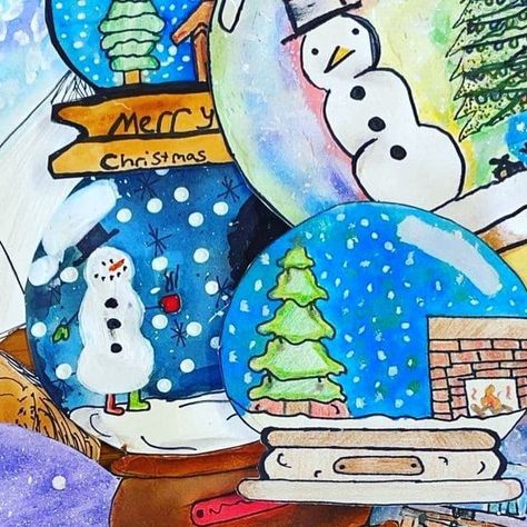 Art with Mrs. Nguyen on Instagram: "Reposted image from: @mrs.slattsartclass 😍 LOVE these snow globes by the students of @mrs.slattsartclass ! I also especially love how each one has its own unique composition inside! .............. Original post: Bring on the snow...Globes ;) not quite ready for actual snow yet! ❄️ ☃️ Inspired by the earliest form of snow globes or the “schneekugel,” the 6th graders are creating their own! #snowglobes #middleschoolart #watercolor #perzysnowglobe #thefirstsn Student Snow Globe Ornament, Snow Globe Art Projects For Kids, Snowglobe Art, Globe Drawing, Art Camp Projects, Camp Projects, Winter Art Lesson, Globe Art, Unique Composition