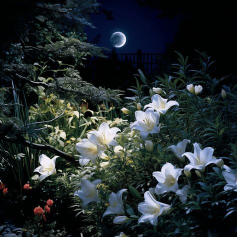 Moon Gardens At Night, Moon Garden Aesthetic, Moon Garden Plants, Moon Garden At Night, Night Garden Aesthetic, Moon Flower Plant, Moon Garden Ideas, House Decor Retro, Moon Gardens