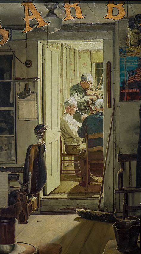 "Shuffleton's Barbershop" - by Norman Rockwell, 1950. (close-up)  Photographed at Sotheby's, November 3, 2017. Pastel Photography, Fish Gallery, Norman Rockwell Art, Rockwell Paintings, Norman Rockwell Paintings, Painting Gallery, Norman Rockwell, Painting Wallpaper, Vintage Art Prints