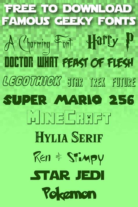 A collection of free geek fonts from some of your favorite tv shows, video games and movie franchises! Download your faves today/ Minecraft Font, Video Game Font, Lego Star Trek, Movie Franchises, Video Game Crafts, Game Font, Geeky Craft, Lego Games, Hama Beads Minecraft