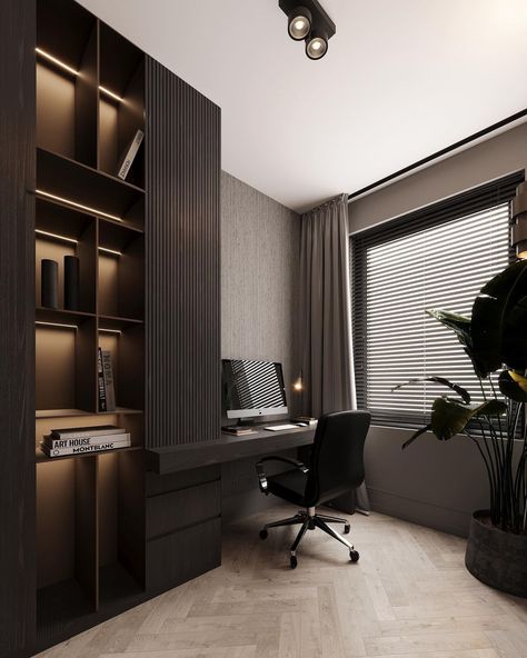 “Home office” designed by our team. A day and night scene.. #interiordesign #rendering #visuals #woodveneer #homeoffice #luxurylifestyle… | Instagram Office Dark Aesthetic, Home Office Small Room, Study Setup, Home Office Dark, Barn Office, Office Dark, Office Built Ins, Modern Home Offices, Home Bar Rooms