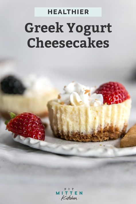 This mini cheesecakes recipe is the best! Easier to make than a full-sized cheesecake. A lightened up and mini version of a classic dessert. Gluten free friendly using gluten free graham crackers. Healthy Mini Cheesecakes, Mini Cheesecakes Recipe, Healthy Cheesecake Recipes, Dessert Gluten Free, Greek Yogurt Cheesecake, Mini Cheesecake Bites, Fit Mitten Kitchen, Gluten Free Graham Crackers, Mini Cheesecake Recipes