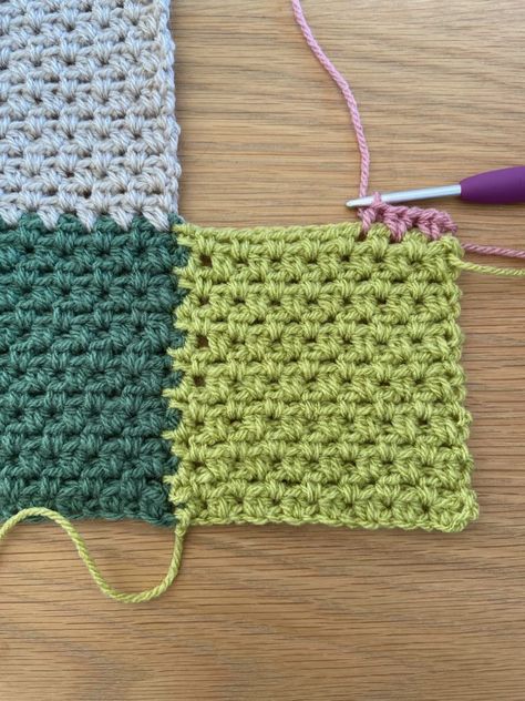 Rainforest Crochet Blanket, Patchwork Squares Crochet, Crochet Squares Blanket Patterns, Join As You Go Crochet Squares, Easy Crochet Squares For Beginners, Rainforest Crochet, Patchwork Crochet Blanket, Crochet Patchwork Blanket, Crochet Cushion Covers