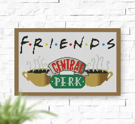 This PDF counted cross stitch pattern available for instant download.  Floss: DMC  Fabric: 14-count  SIZE: Design Area: 84h x 150w stitches. Free Friends, Friends Central Perk, Dmc Embroidery Floss, Cross Stitch Love, Central Perk, Disney Cross Stitch, Counted Cross Stitch Kits, Friends Tv Show, Friends Tv