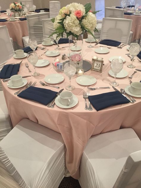 Navy and blush wedding Navy And Pink Birthday Party, Navy Blue And Pink Quinceanera Ideas, Navy And Pink Baby Shower Ideas, Navy And Pink Party, Navy Blue And Pink Wedding, Blush Tablecloth, Cheap Bridal Shower Ideas, Navy And Blush Wedding, Pink Table Decorations