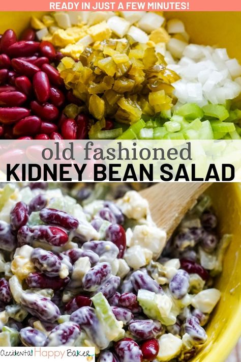 Colorful, crunchy and fresh, this deliciously easy Old Fashioned Kidney Bean Salad makes a perfect cold side dish and takes just a few minutes to make. Old Fashioned Kidney Bean Salad, Kidney Bean Salad With Eggs, Bean Salads Cold, Kidney Bean Salad Recipes, Kidney Bean Recipes, Picnic Dishes, Mediterranean Salads, Kidney Bean Salad, Recipes With Kidney Beans