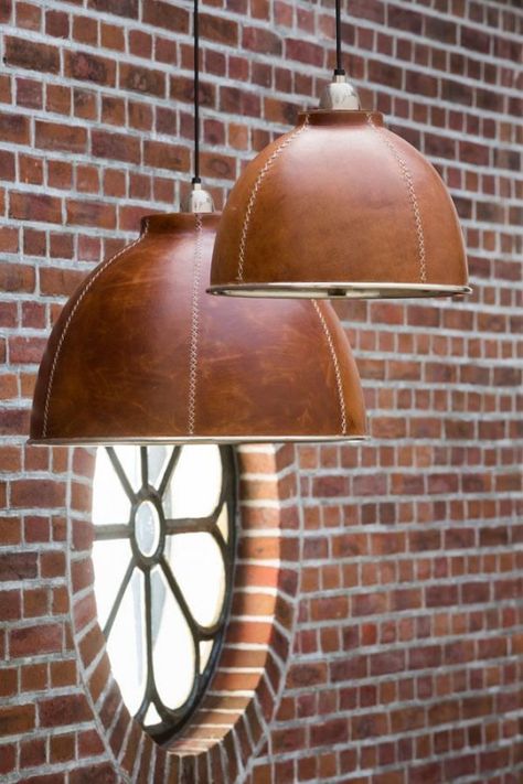 Classy Leather Hanging Lamp #PendantLamp #DesignLamp @idlights Lampe Art Deco, A Brick Wall, Kitchen Bathroom Remodel, Leather Decor, Leather Art, Industrial Lamp, Leather Projects, Leather Furniture, Modern Lamp