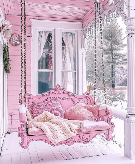 Pink Canopy, Front Porch Swing, Home Aesthetics, Style Anglais, Pink Furniture, Cottage Rose, Pink Fairy, Rainbow Room, Vintage Inspired Decor