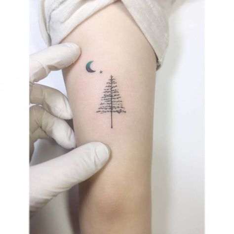 Tiny pine tree and moon tattoo. Tree Tattoo Bicep, Tree Tattoo Side, Pine Tattoo, Snow Tattoo, Hip Tattoo Small, Pine Tree Tattoo, Moon Tree, Tree Tattoo Designs, Side Tattoos