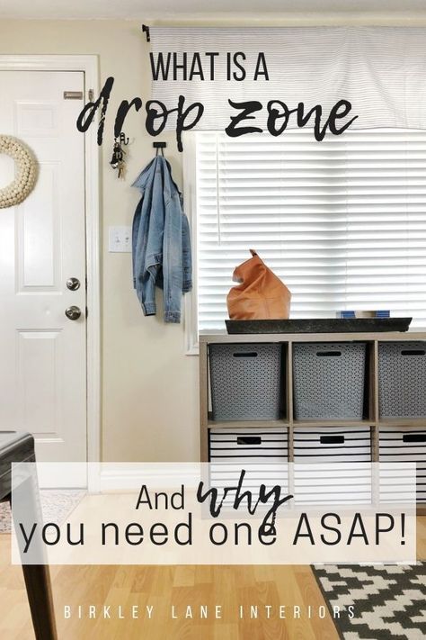 Try these LIFE-CHANGING drop zone ideas!  No mudroom drop zone?  No problem!  Create your own drop zone in your house: entryway, kitchen, anywhere—with these easy, DIY ideas! #birkleylaneinteriors #organization #entryway #mudroom #dropzone #smallspace #sm Drop Zone Ideas Entryway Modern, Landing Zone Ideas, Drop Spot Entryway, Small Entryway Drop Zone, Shoe Drop Zone, Home Drop Zone Ideas, Small Entryway Organization Ideas, Backpack Drop Zone Small Spaces, Entryway Drop Zone Small Spaces