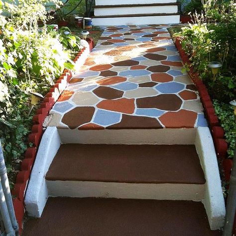 How to Paint Your Front Walk to Get a Cobblestone Look! Cedar Headboard, Cement Steps, Painting Fabric Furniture, Stepping Stone Walkways, Bag Of Cement, Chalk Paint Makeover, Walkway Landscaping, Front Walk, Faux Shiplap