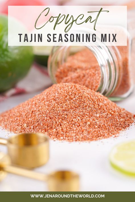 Create your very own Tajin seasoning at home and kick the stuff from the store. This simple recipe is made of tart lime crystals and combined with two kinds of ground pepper, salt, and sugar, for a perfectly balanced seasoning. Great on countless meats, spice up side dishes, sprinkled on fresh fruits, and more! It has the best flavor of any homemade seasoning blend I make. Homemade Tajin Seasoning, Tajin Seasoning, Mexican Spice Mix, Tajin Recipes, Herb Blends, Homemade Seasoning, Taco Mix, Mexican Spices, Condiment Recipes