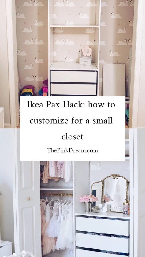 Ikea Hemnes Dresser In Closet, Pax And Malm, Small Ikea Closet, Customize Closet, Closet With Vanity, Ikea Pax System, Ikea Closet Hack, Girls Closet Organization, Pax Hack