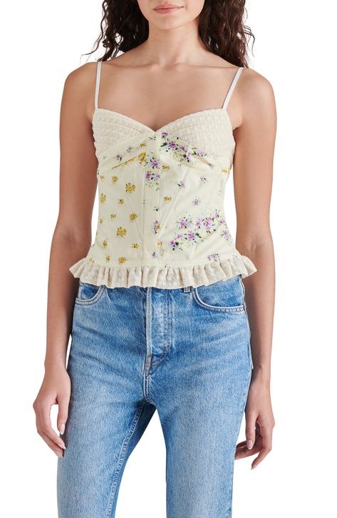 Turn up the charm with this winsome corset top fixed with lacy edges and scattered with dainty blooms. 12" center front length Sweetheart neck Adjustable straps 100% polyester Hand wash, dry flat Imported Ruffle Trim Top, Aesthetic Fits, Sweetheart Neck, Turn Up, Bold Fashion, Corset Top, Cute Tops, Fashion Inspo Outfits, Spring Outfits