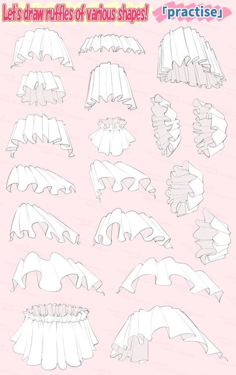 Frill Drawing Reference, Sleeve Ruffles Drawing, Frills Drawing Reference, Dress Ruffles Drawing Reference, Drawing Puffy Sleeves, Ruffles Drawing Tutorial, Wrinkle Sketch, How To Draw Ruffles On Sleeves, Dress Ruffles Drawing