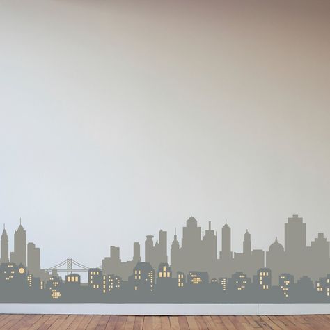 Layered City Skyline Silhouette with City Lights - Dana Decals - 1 City On The Moon, Layered City, Girls Bedroom Mural, Skyline Mural, City Skyline Silhouette, Museum Interior, City Skyline Art, Skyline Silhouette, City Silhouette