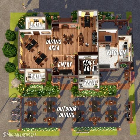 Cafe Floor Plan, Sims 4 Restaurant, Snowy Escape, Restaurant Floor Plan, Sims 4 City Living, Sims 4 Houses Layout, Restaurant Exterior Design, Restaurant Layout, Sims 4 House