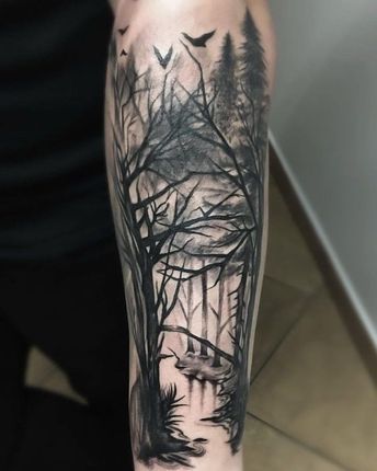 Witcher Tattoo, Lake Tattoo, Forest Tattoo, Tattoo 2023, Unique Wrist Tattoos, Tattoo Background, Forest Tattoos, Leg Tattoos Women, Leg Sleeve Tattoo