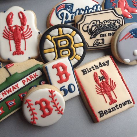 Boston themed cookies Boston Themed Party Food, Boston Themed Party, Marathon Cookies, Bourbon Themed Cookies Decorated, Gamecock Cookies Decorated, Bourbon Cookies Decorated, Surprise 50th, Sugar Cookie Frosting, Cookie Inspiration