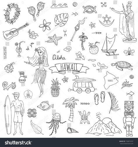 Hand drawn Hawaii icons Hawaii Doodles, Hawaii Icons, Best Drugstore Lip Gloss, Aloha Tattoo, Hawaii Tattoos, Small Doodle, Iphone Stickers, Handpoke Tattoo, Beach Tattoo