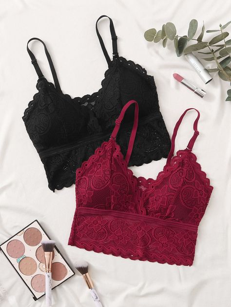 2pack Scallop Floral Lace Bra Set Tommy Hilfiger Crop Top, Blusas Crop Top, Stylish Bra, Lace Bra Top, Pretty Bras, Lace Bra Set, Cute Bras, Bra Set, Bra Women