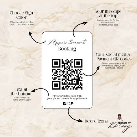 Mini QR Code Sign A perfect sign to touch the customers at hotels, restaurants, bars, pop-up stores, beauty saloons... ✨Signs are available both stand alone and acryllic holder. ✨Use for a variety of uses such as menus, price lists, to book appointments, gain reviews, social media and payments. ✨The signs are fully customisable to suit your needs. 🤎 Tap to shop⁠ 🛒⁠ ⁠•⁠ •⁠ •⁠ #CustomByKhrissy #SmallBusinessUK ⁠ #Laserengraved #Ukbusinessowner #Ukbusinessowners #Entrepreneuruk #Shop... Qr Code Sign, Small Business Uk, Coded Message, Appointment Book, To Touch, Beauty Saloon, Pop Up Stores, Color Chart, Qr Code